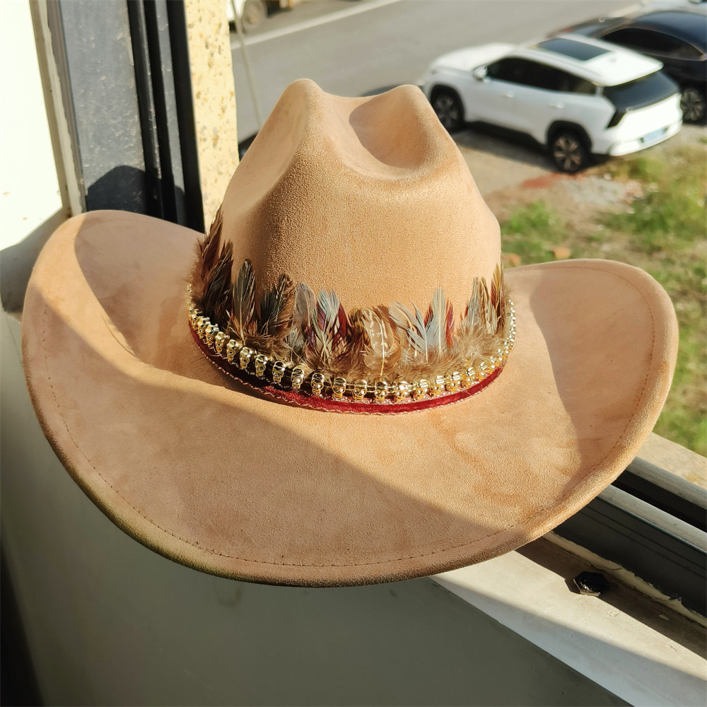 ethnic Vegan Suede Cowboy Hat wide brim feather Cowgirl hat party Western Cowboy hat Cattleman Style knight hat: green