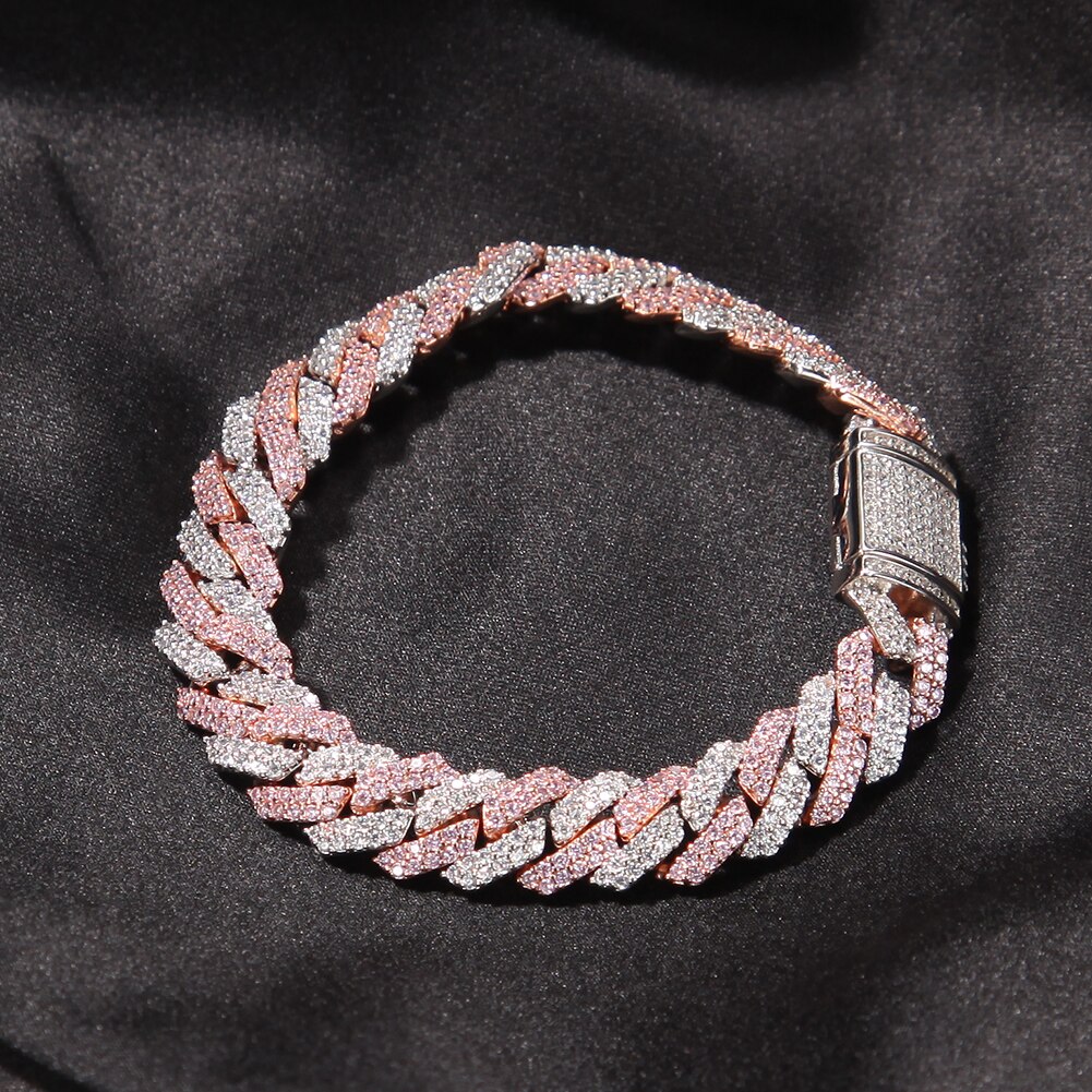 THE BLING KING 10mm Cuban Link Choker Micro Paved Two-Tone Cubic Zirconia White Pink Prong Bracelet Necklace Hiphop Jewelry: White pink / 18inch