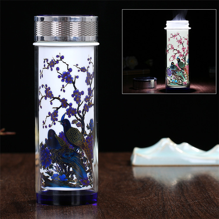 Vintage kinesisk färgförändring glaskeramik termos retro blå vit porslin termos termokopp vakuumkolv tekopp: Glad vår