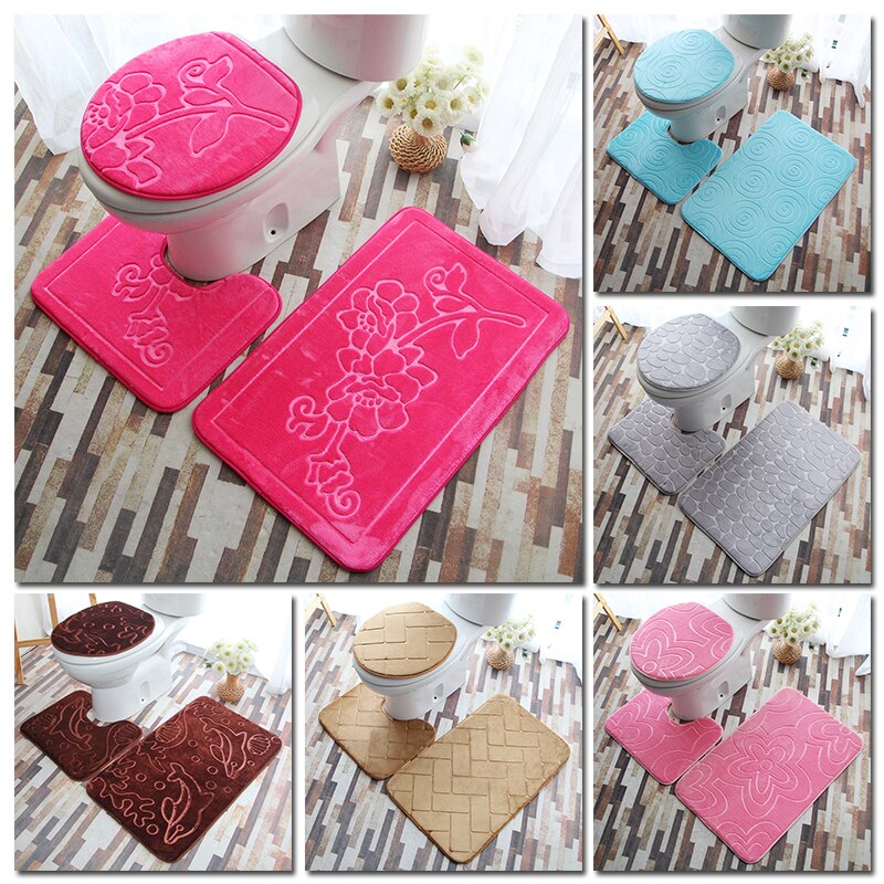 3PC Toilet Cover Seat Bathroom Accessories Set Rug Contour Mat Soft Toilet Lid Cover Plan Solid Color Bath Mats Home Decor