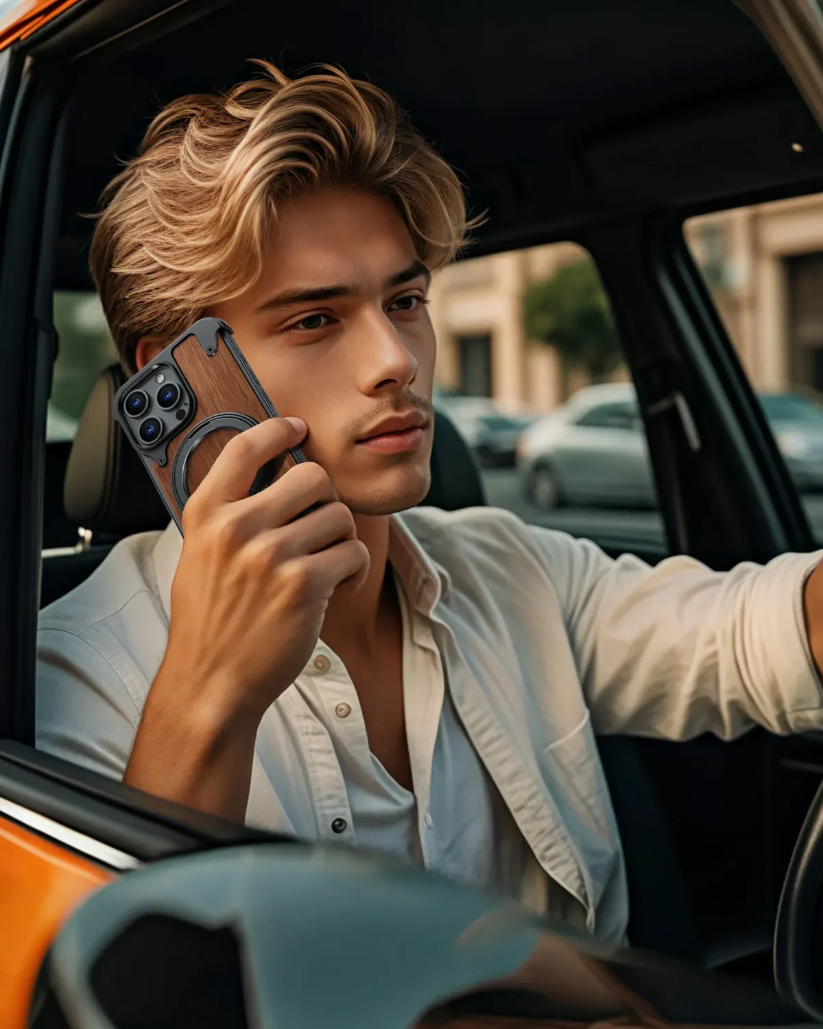 Oatsbasf Solid Wood Magnetic Phone Case for iPhone 16 Pro/16 Pro Max w/ 360°Rotate Kickstand Wireless Charging Protective Cover