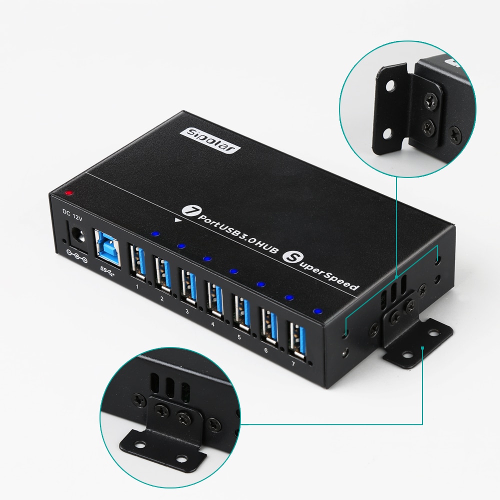 Sipolar Aluminum 7 Ports USB 3.0 Charger Hub Multi Port USB Splitter With 12V 3A Power Adapter LED Indicator Bracket A-173