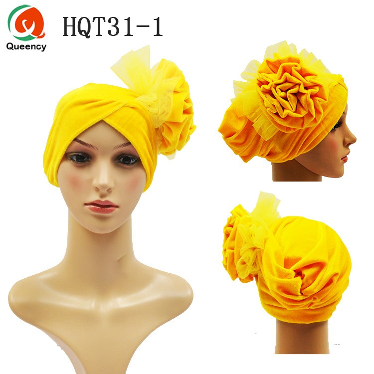 HQT31 Turban Nigeria cravate dames velours Tuban Gele casque musulman arabe Bonnet fleur chapeau pour mariage et fête