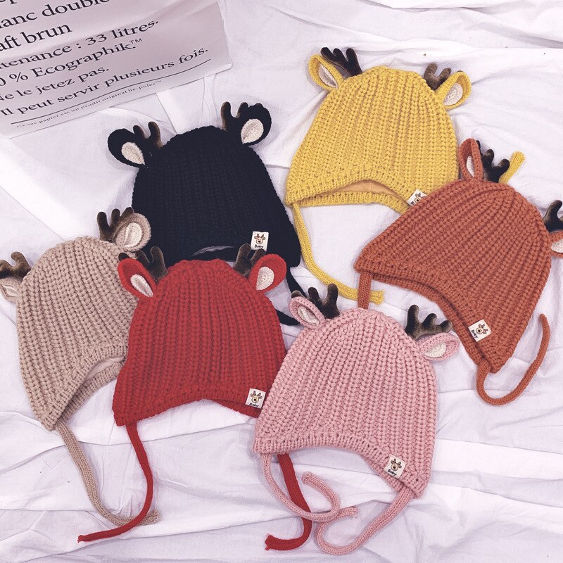 Baby Boys Girls Reindeer Beanie Hat Kids Christmas Hats Knit Cap Elk Horn Winter Hat
