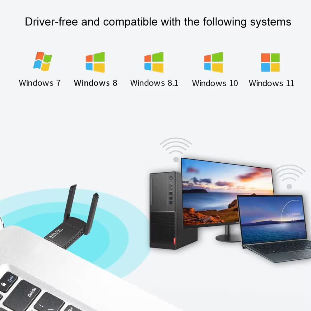 Adaptador WiFi USB de 1300Mbps Dongle 2 en 1 de doble banda 2,4G y 5GHz WiFi 5 receptor inalámbrico de red DRIVER GRATIS
