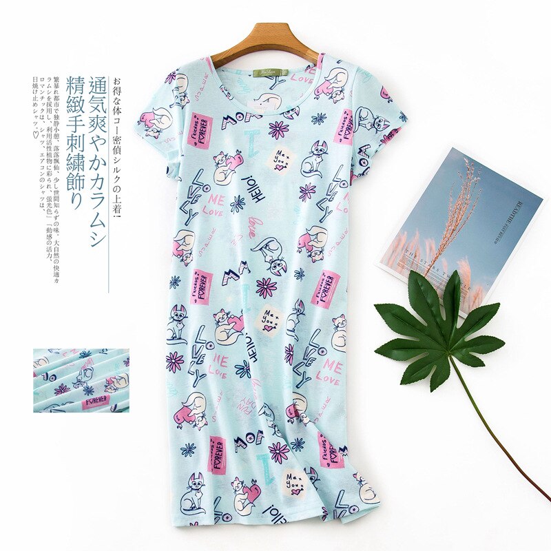 Women's short sleeved nightgown cartoon cat print summer home wear clothes nightdress: 03 / M