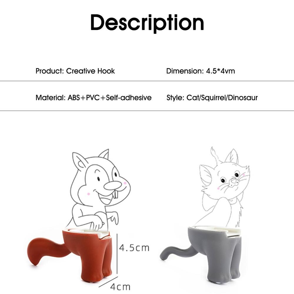 Zelfklevende Decoratieve Haken Creatieve Cartoon Kat Dinosaurus Eekhoorn Waterdichte Muur Haken Voor Opknoping Dier Hoofd Hanger