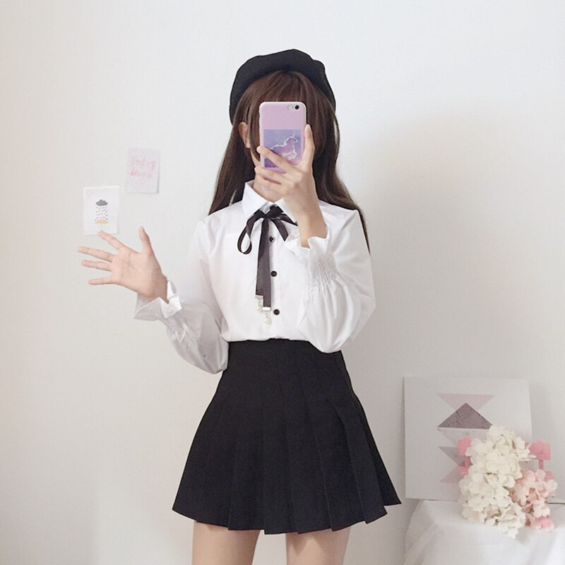 Leuke Boog College Wind Overhemd Vrouwelijke Flare Mouw Vrouwen Blouse Harajuku Uniform Shirt Lace Up Witte Blouses Vrouw Tops