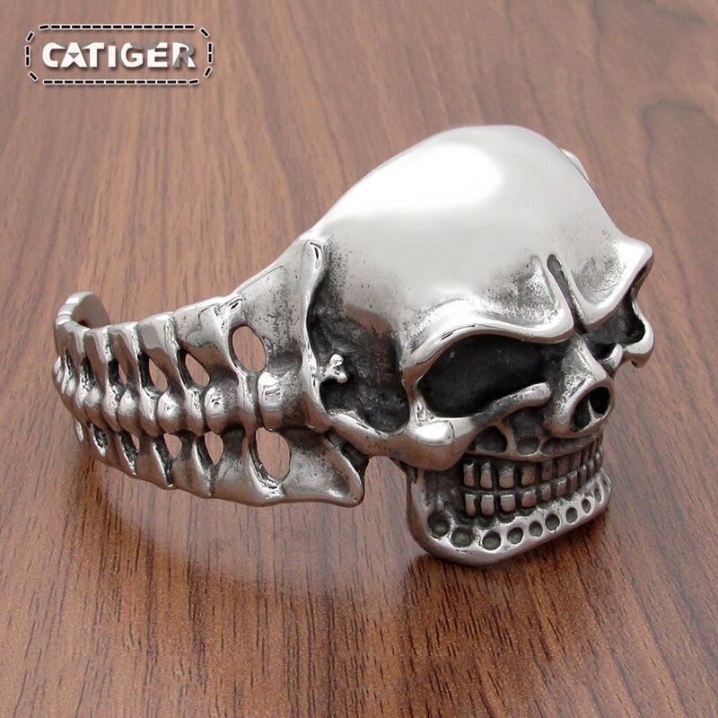 Punk argent couleur noir couleur 316L acier inoxydable gothique Vintage lourd gros crâne os manchette bracelet
