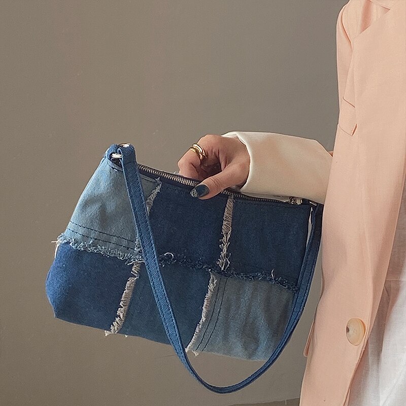 Jahrgang Denim Nähte Frauen Unterarm Tasche Damen Kontrast Farbe Kleine Schulter Taschen Weibliche Achselhöhle Tasche Stangenbrot Handtaschen