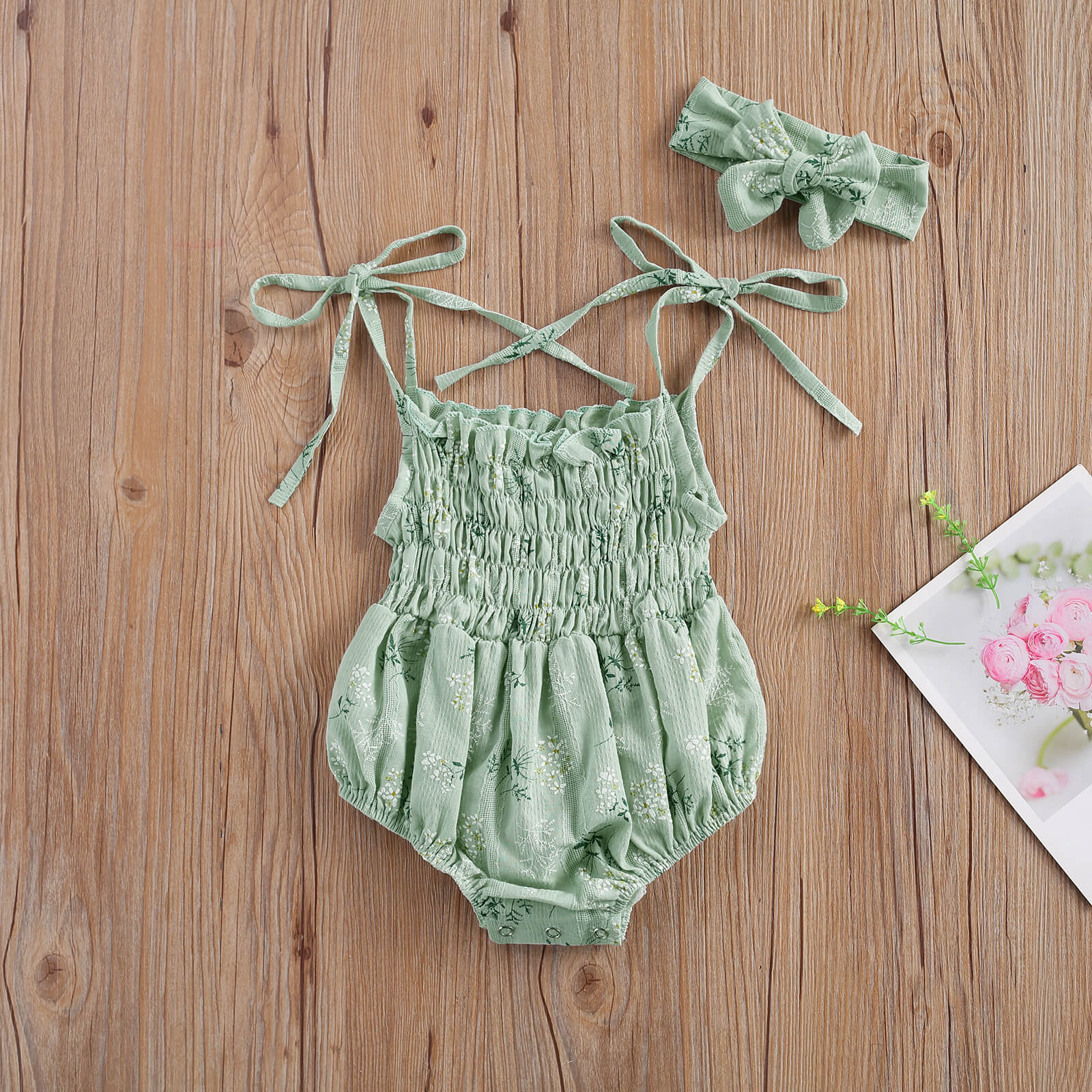 0-18M Leuke Baby Baby Girl Bloemen Romper Zomer Bandjes Bandage Bloemenprint Geplooide Playsuit + Hoofdband 2 Stuks Outfits