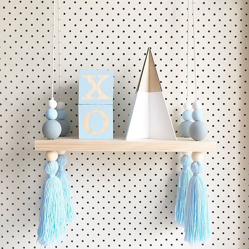 Scandinavische stijl houten kralen kwastjes opbergrek muur touw hangende plank voor decoratie van slaapkamer woonkamer display stand