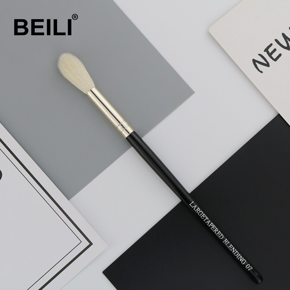 BEILI 07 brochas de maquillaje individuales, pelo de cabra auténtico, mango negro, virola de plata, brillo, mezcla grande, parte de pelo largo