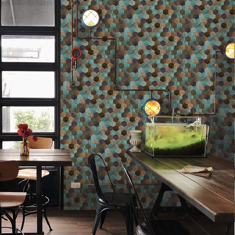 Funlife® AMERICAN STYLE™14pcs Hexagon Copper Metal Backsplash Waterproof Tile Stickers Floor Makeover Sticker furniture Bathroom