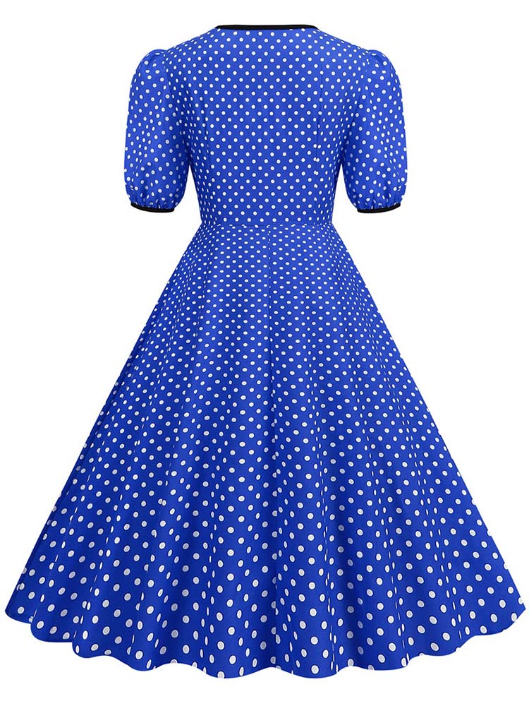 Women's V-neck Summer Dress Polka Dot Print Slim Fit Swing Short Sleeve Party Sundress Robe