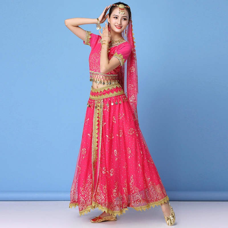 vêtements de danse femmes performance indien sari tenue bollywood danse du ventre costumes ensemble haut + ceinture + jupe + voile + casque: Fuchsia / L