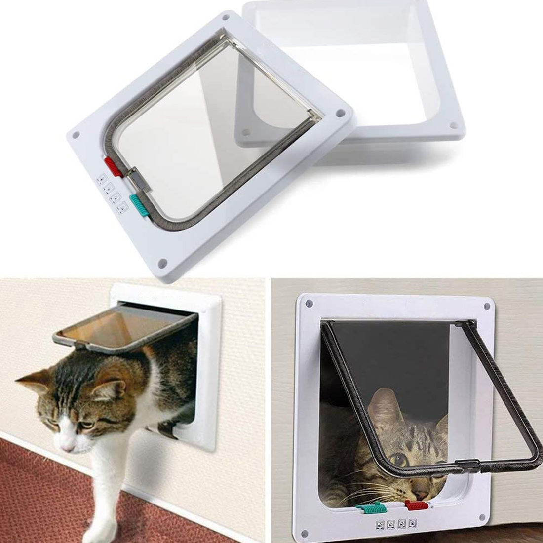 S/M/L Cat Flap Door with 4 Way Lock Security Flap Door for Dog Cat Kitten Small Pet Gate Door Kit Cat Puppy Safety Gate 5 Colors
