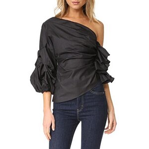 Bella Philosophy spring women three quarter sleeve blusas solid ladies ruffles shirt skew collar female puff sleeve blouse: BLACK / L