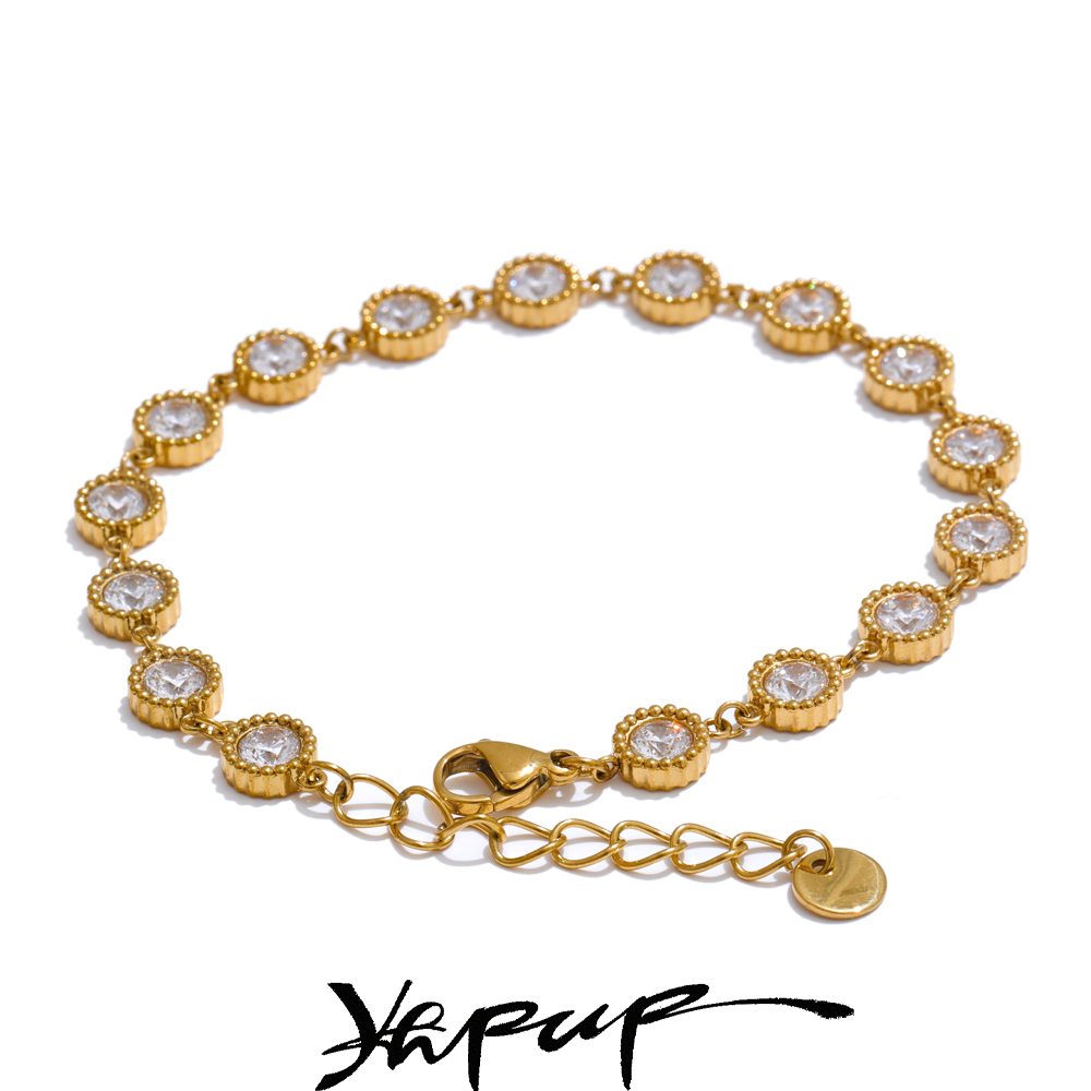 Yhpup delicate roestvrijstalen glanzende ronde ketting armband met zirkonia steentjes, armband oorbellen, temperamentvolle sieraden