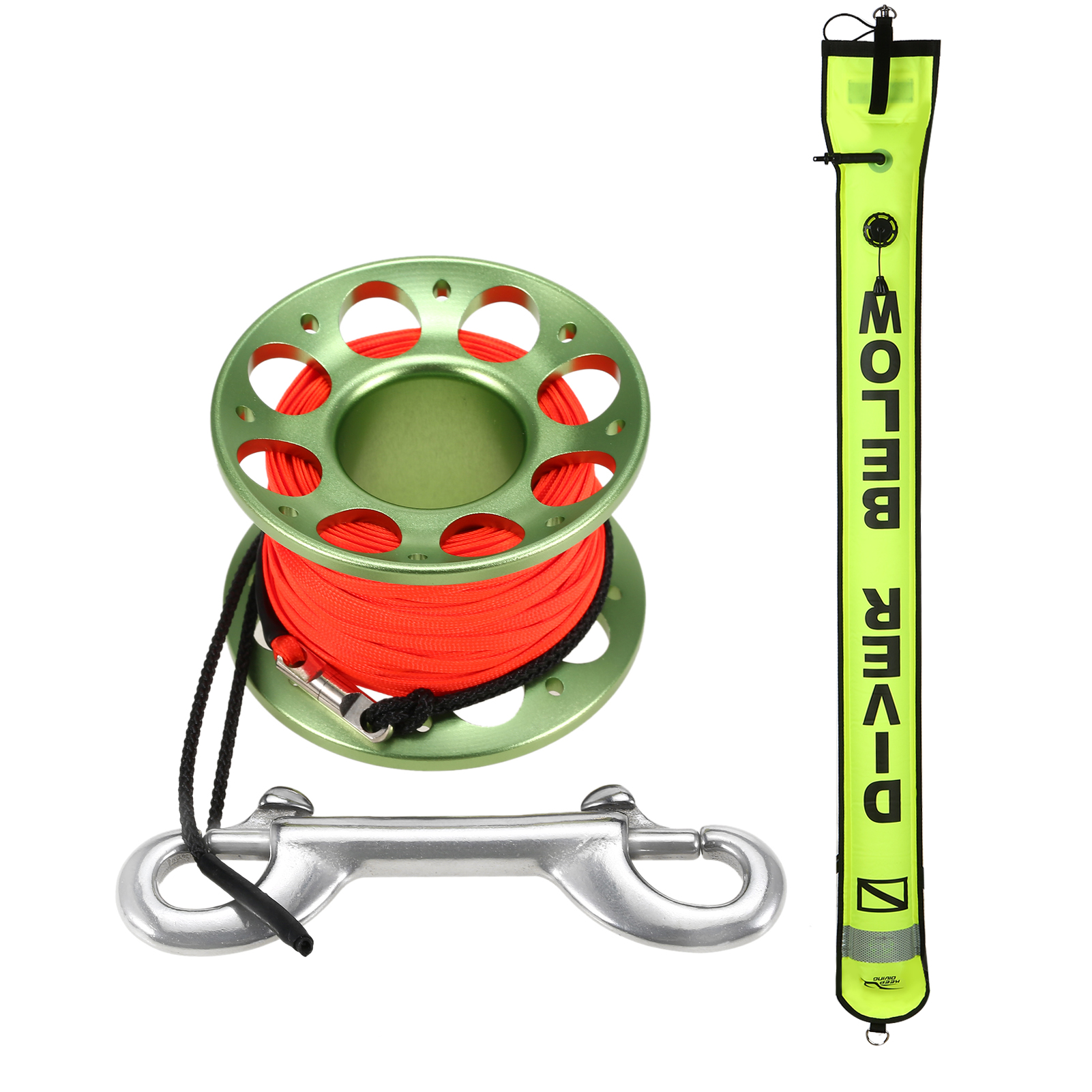 3.9ft Scuba Diving Surface Marker Buoy Float Inflatable Safety Signal Tube Drogue with 49.2ft Line Alloy Finger Spool Reel Clip