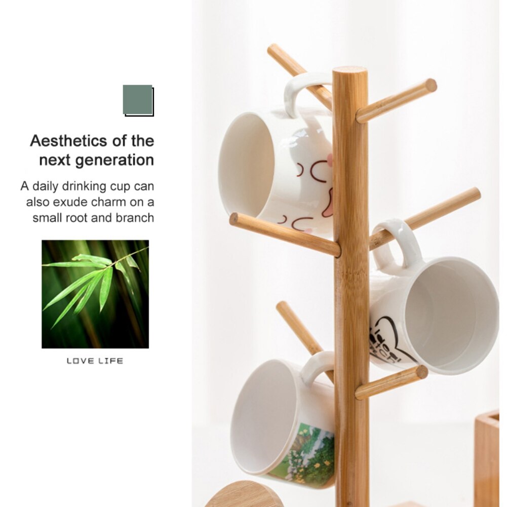 Support de tasse à café en bambou, support de tasse en bois d&#39;arbre, support de tasse à café, support de séchage avec 6 crochets, support de dessous de verre