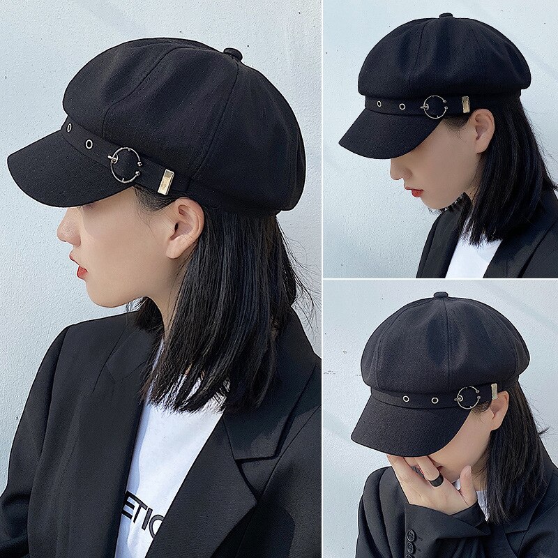 Hat Women Octagonal Cap Beret Striped Retro French Artist Hat Painter Octagonal Hats Black Brown Casual Caps