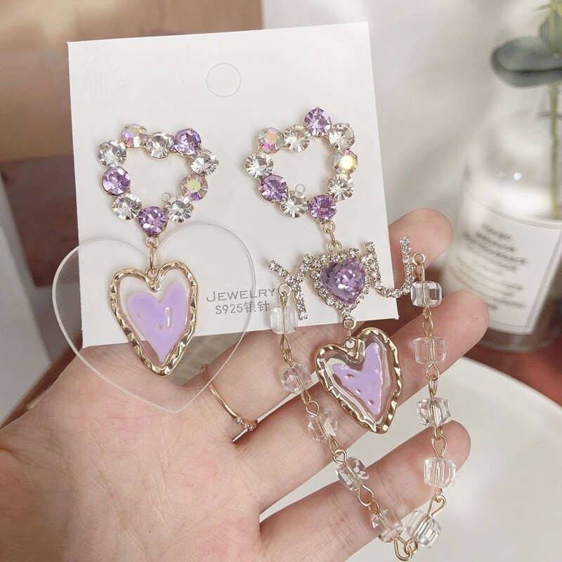 MENGJIQIAO Korean Acrylic Heart Asymmetric Rhinestone Earrings For Women Girls Crystal Pendientes