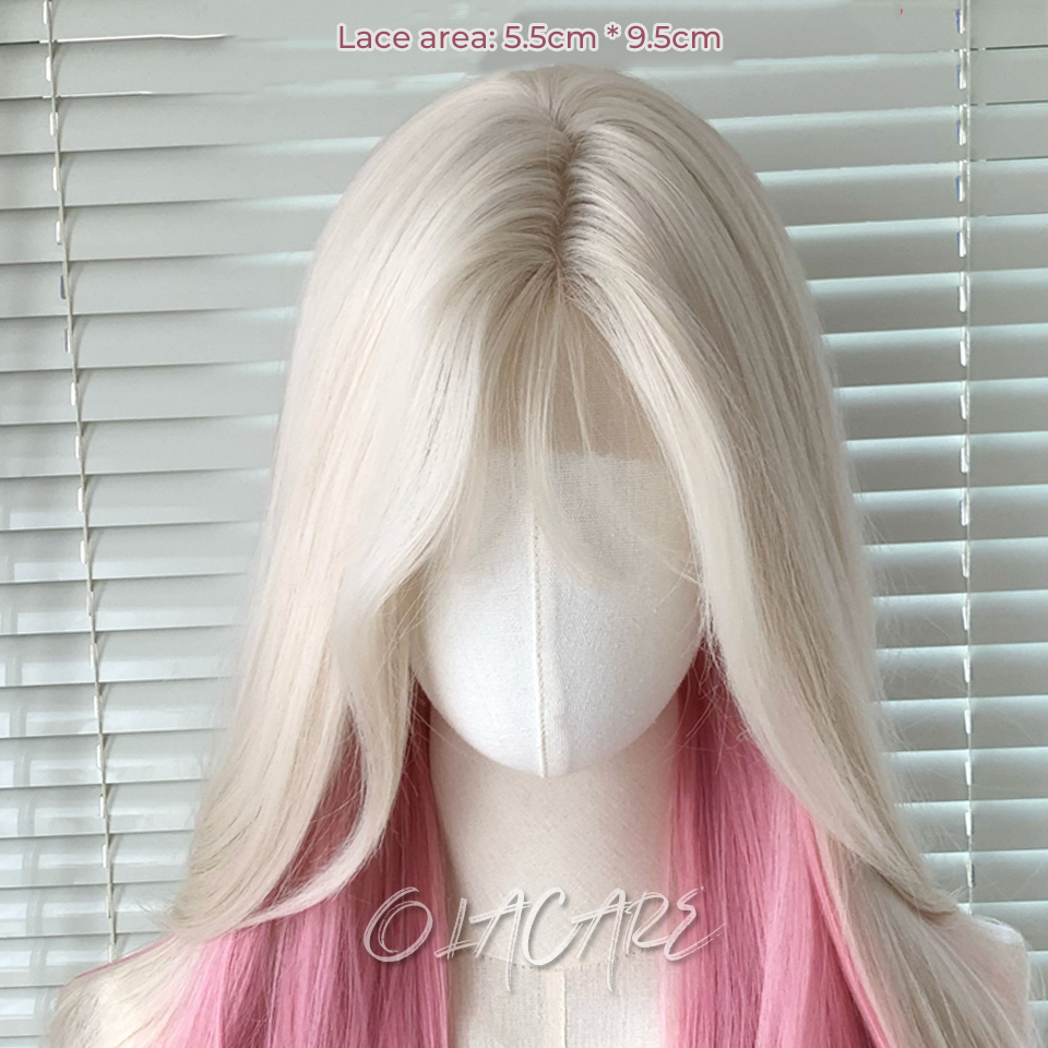 Olacare lockig lång vågig rosa blond syntetperuk med spets framtill och fluffig lugg lämplig för dagligt bruk