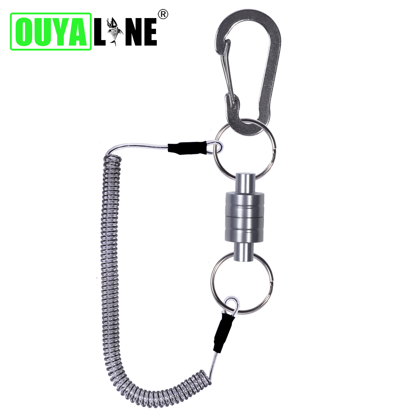 Accesorios de pesca, soporte de liberación de red magnética con cordón en espiral, hebilla de mosquetón de imán fuerte, herramientas de arrastre de cuerda anticaída: Negro