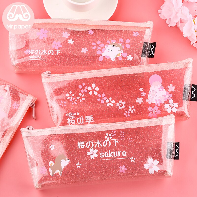 Mr.Paper 4 Designs Pink Cherry Blossom Shiba Inu Transparent Pencil Bags School Case Student Large Size Pencil Bags