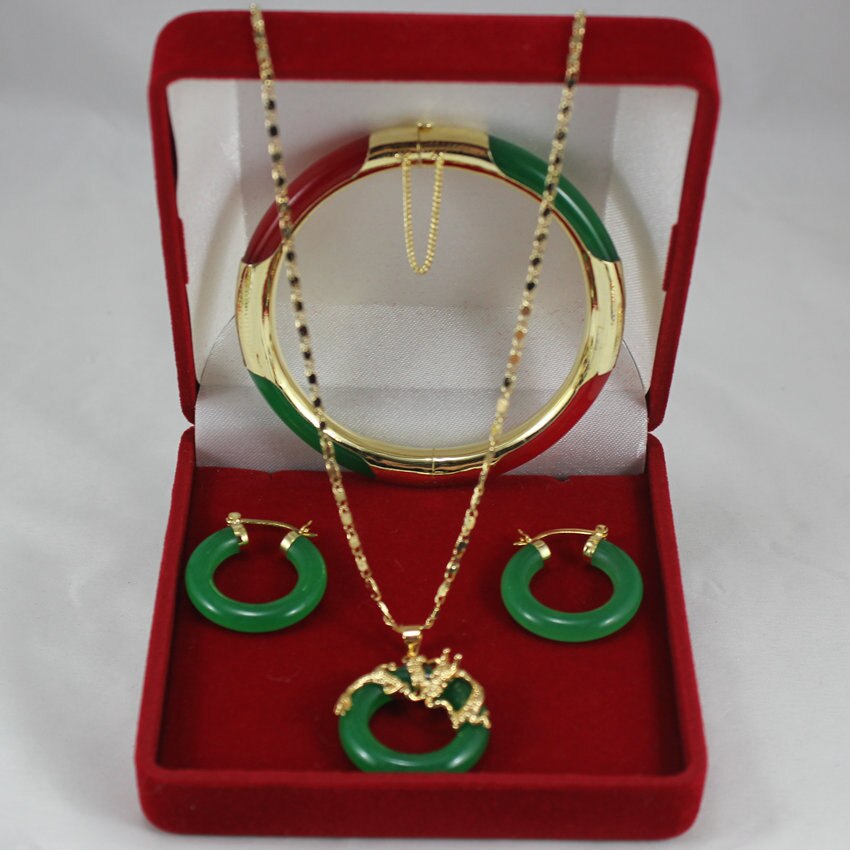 Prett Mooie vrouwen Bruiloft elegante 7.5 "groene en rode gem armband, groene EDELSTEEN oorbellen en dragon hanger jewel