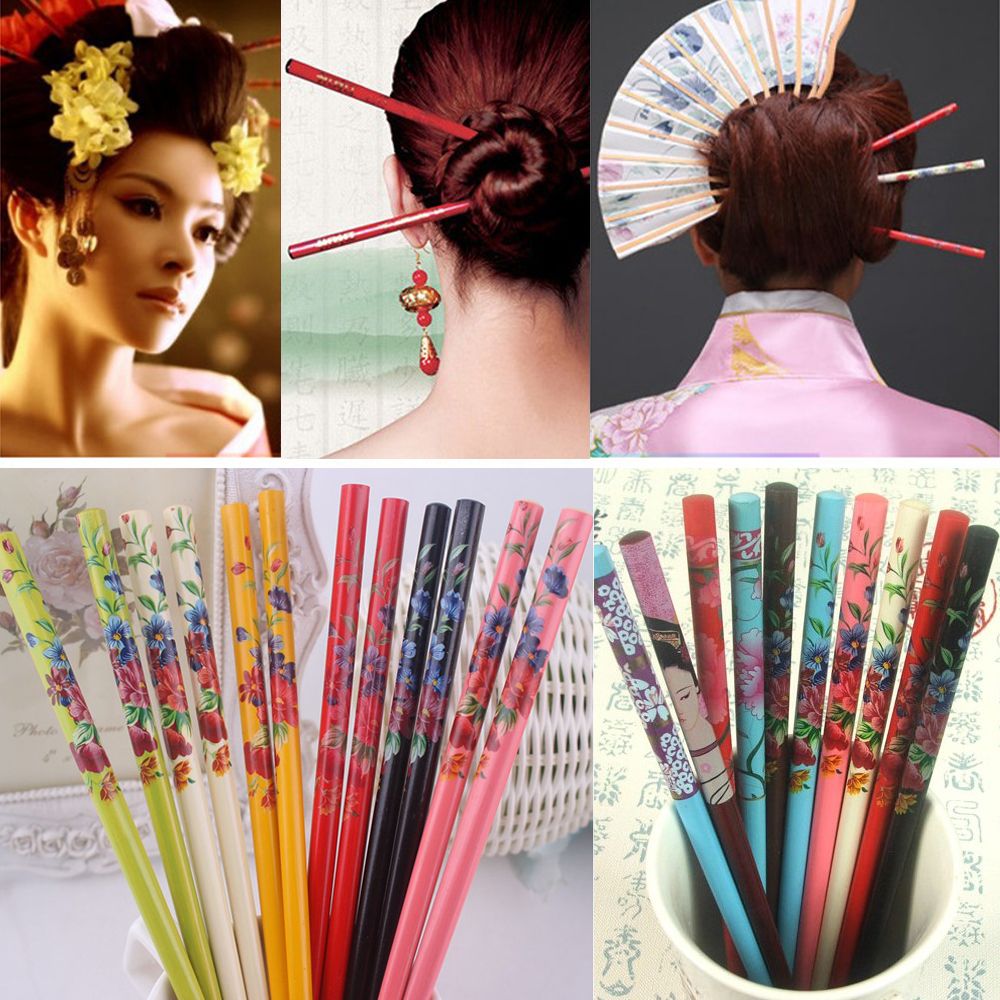 1Pc Women Chopstick Colorful Wood Hair Stick Retro Style Hand-carved Natural Hair Accessories Hair Styling Tool