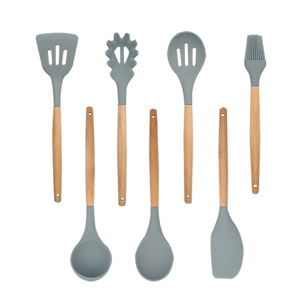 Beukenhout Gebruiksvoorwerp Serveren Spaghetti Sleuven Spatel Siliconen Koken Lepel Set Met Houten Lange Handvat Houder Voor Keuken: 7 pcs