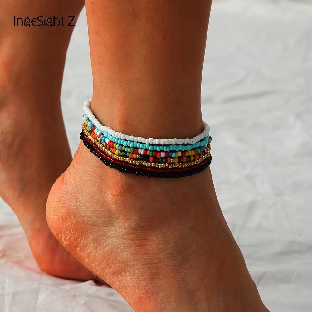 IngeSight.Z 7Pcs/Set Rainbow Beaded Anklet Bracelet for Women Adjustable Colorful Anklets Barefoot Sandals On Foot Ankle Jewelry