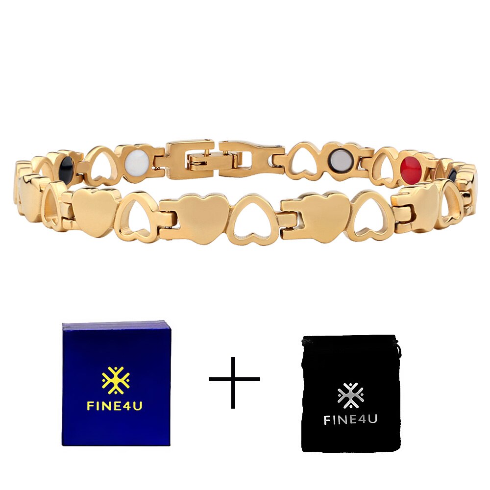 FINE4U B382 zdrowa bransoletka energetyczna Hearted Design stal nierdzewna opieka zdrowotna magnetyczna złota bransoletka łańcuch ręczny dla kobiet: Gold3