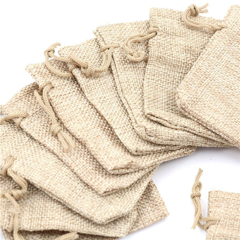 10pcs Small Burlap Jute Sack Linen Pouch Bag Drawstring Wedding Supplies