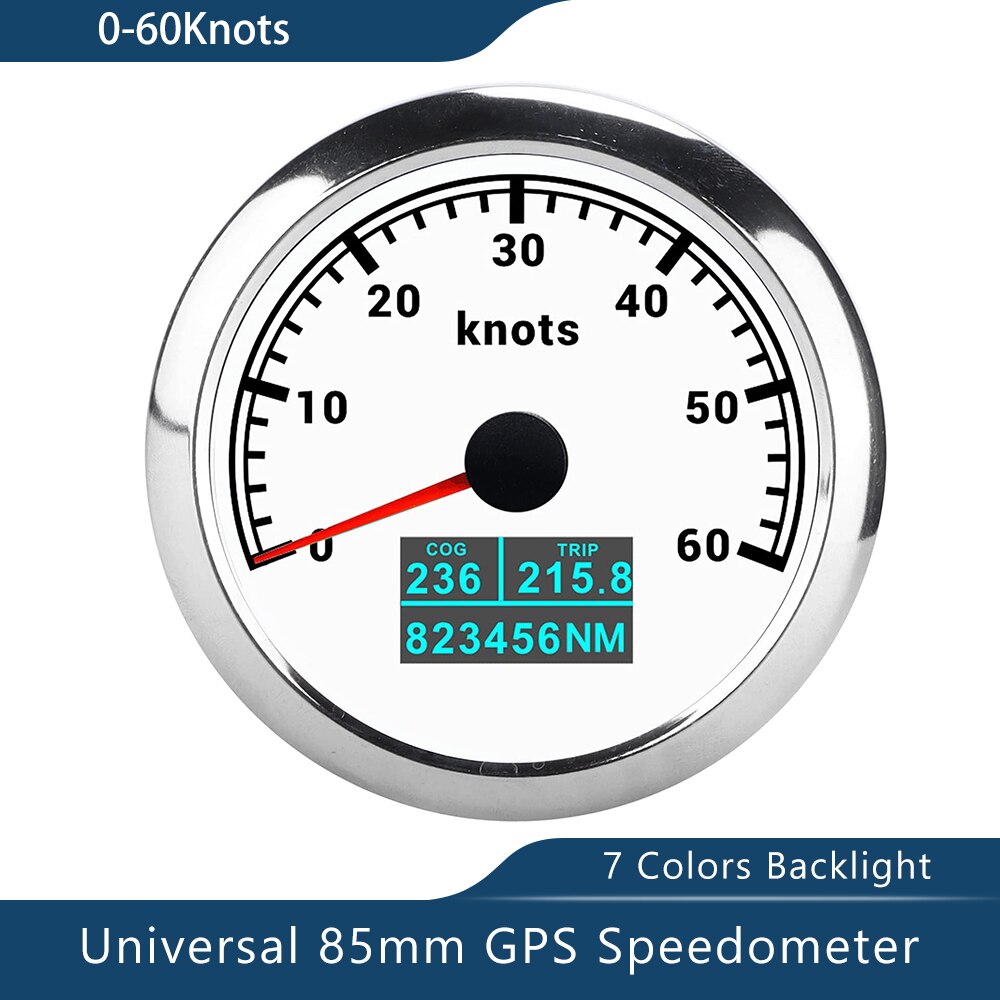 Novo velocímetro de 85mm gps 0-30/60 nós 0-60/80/120/160/200 mph 0-60/120/200km/h com luz de fundo de 7 cores para a motocicleta do barco do carro: 60KnotsWS