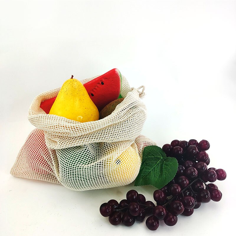 4 Stuks Katoenen Mesh Groente Zakken Produceren Tas Herbruikbare Katoenen Mesh Groente Opbergtas Keuken Fruit Groente Met Koord