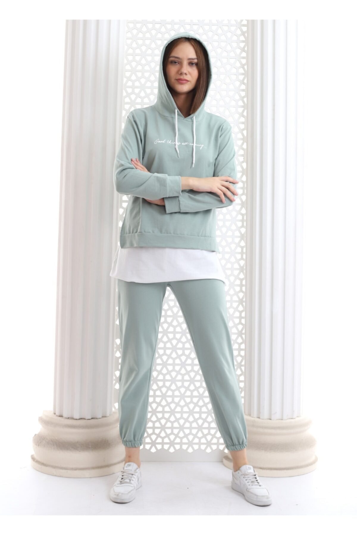 Women track sui Water Green Hooded Rubber Cut Letter Sweat Tracksuit Set