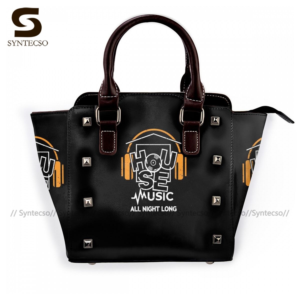 Dj-plattenspieler-schultertasche, damenhandtasche, retro-leder-arbeitstaschen: 3
