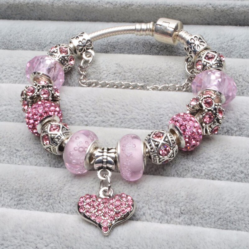 Roze kristallen liefdeshart bedelarmband voor vrouwen, europese doe-het-zelf kralenarmbanden en bangles als verliefde stellen pulseira