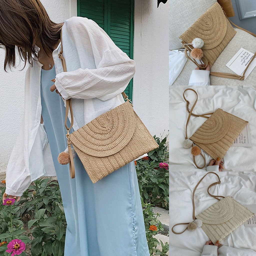 Simple Straw Circular Square Women Shoulder Bag Handmade Woven Bohemian Handbag Summer Beach Lady Wicker Tote Phone Bag Handbag