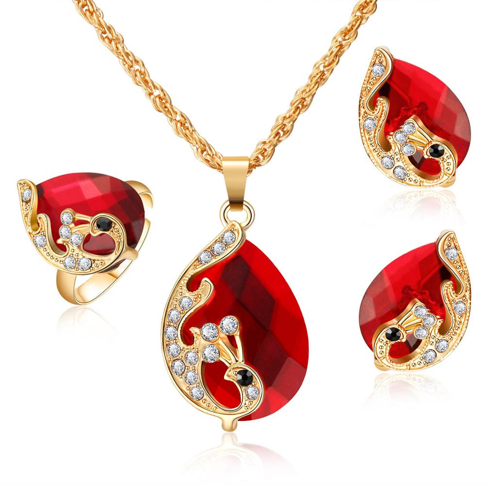 Neue Champagner Gold Farbe Kristall Kirsche Schmuck setzt Für Frauen Hochzeit Party Einstellbare Ring Schlüsselbein Kette Zweig Ohrringe: F1185
