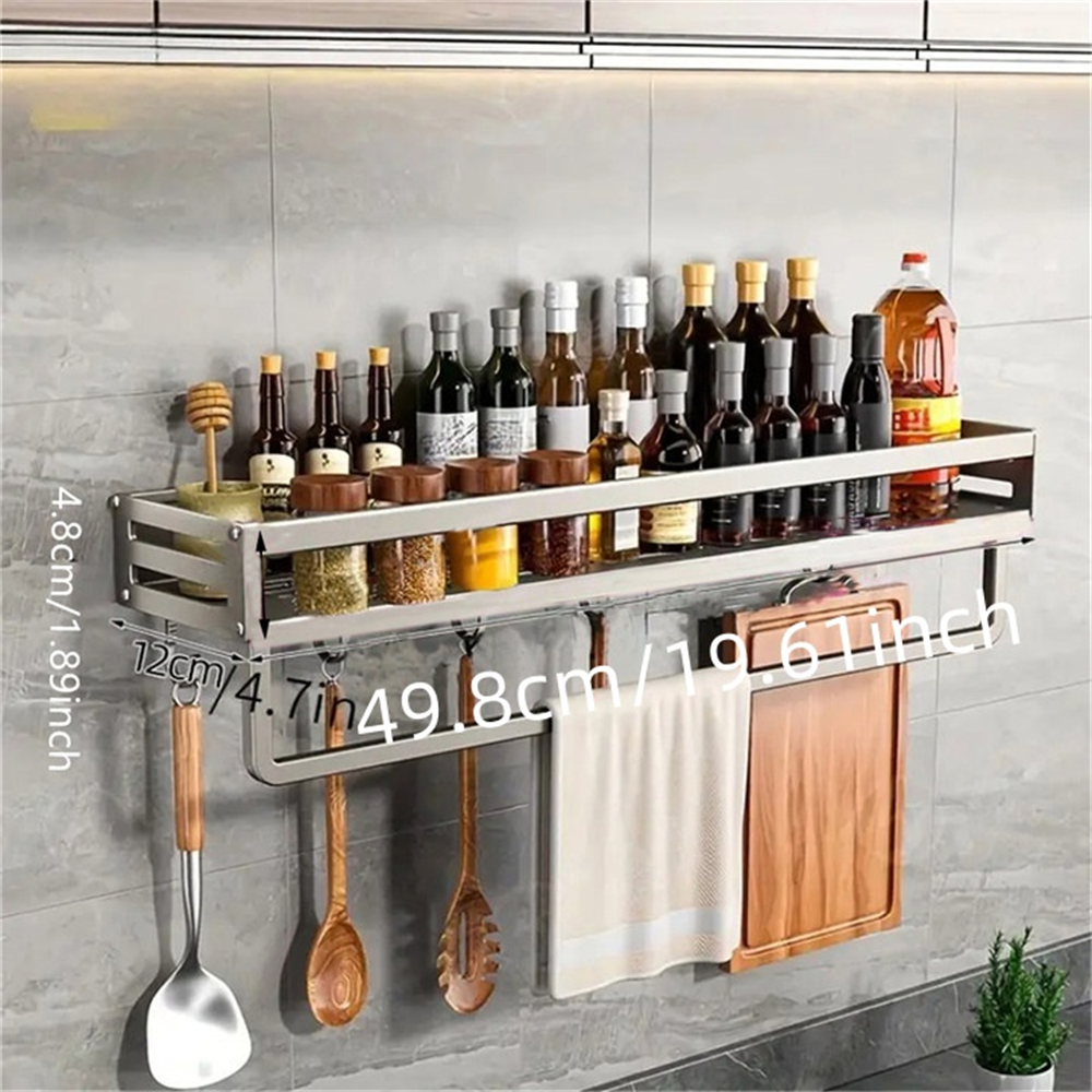Estante de aluminio para especias montado en la pared, estante multifuncional para artículos, ganchos para herramientas de cocina, estante de almacenamiento de condimentos, 1/2 Uds.: Plata