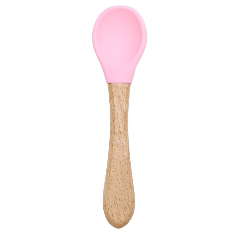 Cuchara de manija de madera silicona para alimentación de niños, utensilios para comer comida sólida, entrenamiento, capacidad de manipulación, vajilla