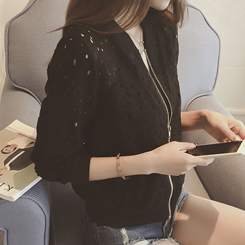 Women Bomber Jacket Long Sleeve Lace Sunscreen Shirt Short Summer Thin Coat Casual Baseball Coat