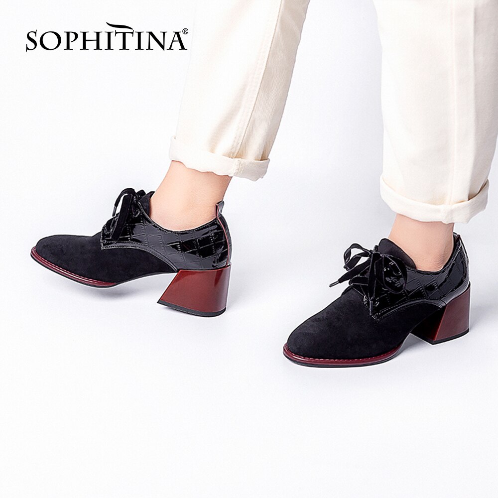 Sophitina kortfattet damepumps spring rund tå tykke hæle kontor karriere pumps snøre sorte sko kvinder  by241