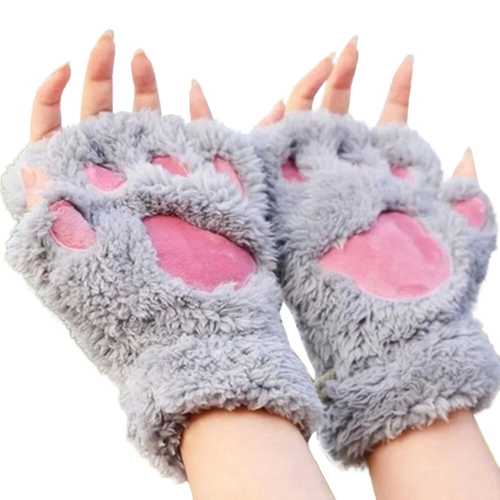 Gants demi-doigt épais en velours pour femmes, garde la chaleur, mitaines en peluche avec patte de chat épaisse, doux