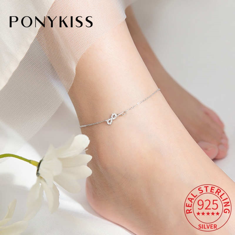 Ponykiss romantisches  s925- teiliges sterlingsilber-fußkettchen mit schleife und zirkoniakette, damen-partyschmuck, allergenarm