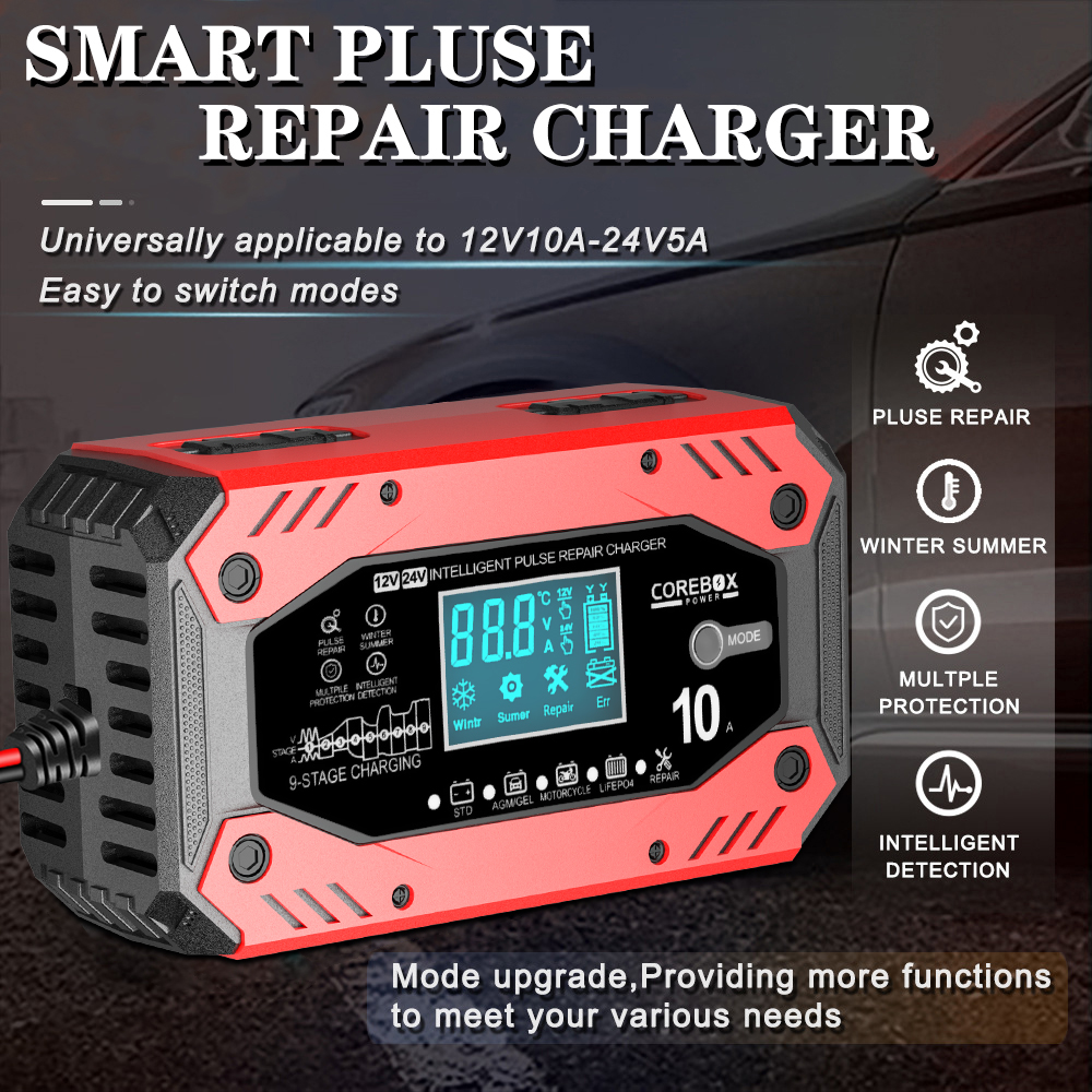Dispositivos de carga de batería para automóviles y motocicletas Cargador de batería automotriz Mantenimiento inteligente AGM de batería de plomo ácido 12V 10A